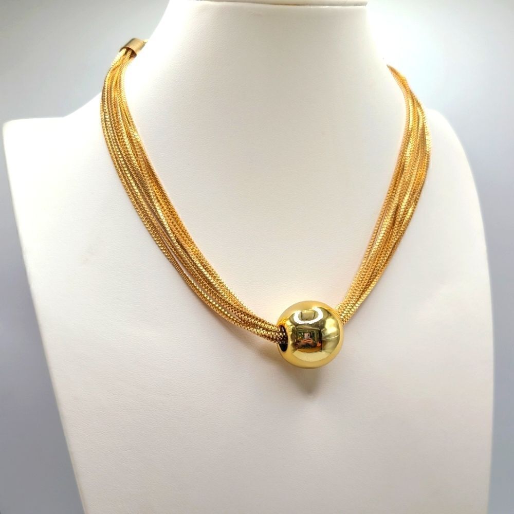 Multi Strand Choker Necklace Goldtone with Ball Pendant